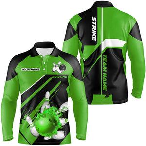 Black and Green Bowling polo, quarter zip shirt for men Custom Flame bowling ball pins uniform shirt NQS8673