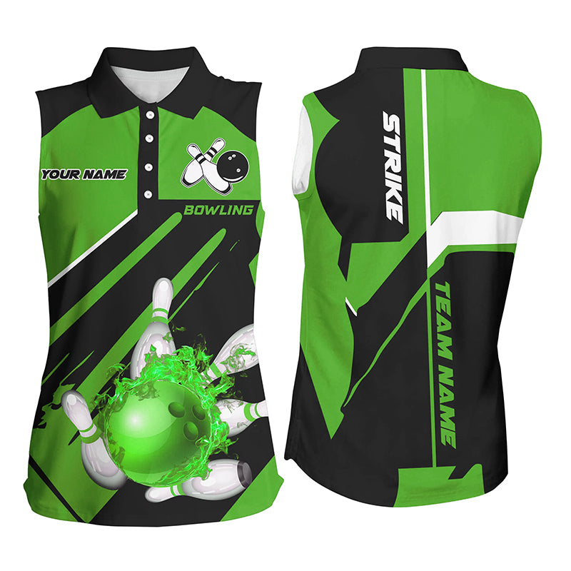 Black and Green Bowling Sleeveless Polo shirt for Women Custom Flame bowling ball pins uniform shirt NQS8673