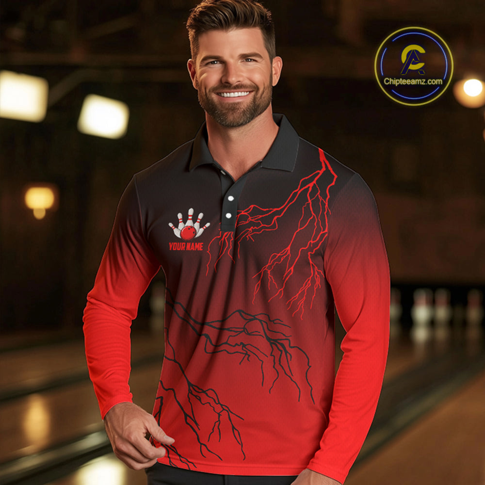 Black and Red gradient Lightning thunder storm Bowling shirts for Men Custom Bowling Team Jerseys NQS9353