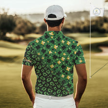 Load image into Gallery viewer, Green and Gold Clover glitter leopard St Patrick's day pattern custom shamrock Mens golf polo shirts NQS11423