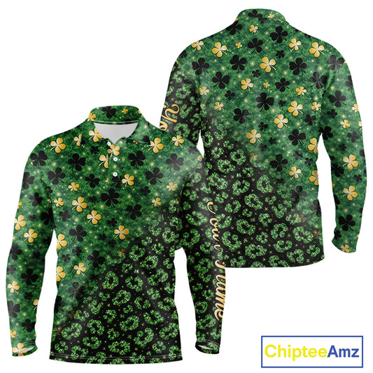 Green and Gold Clover glitter leopard St Patrick's day pattern custom shamrock Mens golf polo shirts NQS11423