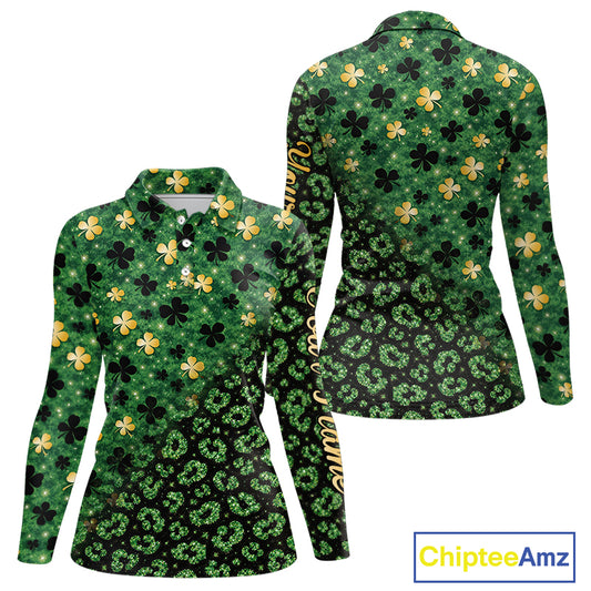 Green and Gold Clover glitter leopard St Patrick's day pattern custom shamrock Women golf polo shirts NQS11423
