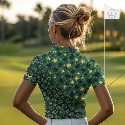 Green and Gold Clover glitter leopard St Patrick's day pattern custom shamrock Women golf polo shirts NQS11423