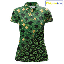 Load image into Gallery viewer, Green and Gold Clover glitter leopard St Patrick's day pattern custom shamrock Women golf polo shirts NQS11423
