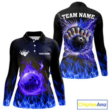 Load image into Gallery viewer, Black and Blue Flame Lightning Thunder Bowling Jersey for Women custom Bowling Team League Shirts NQS11425