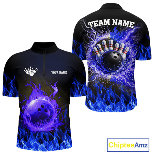 Black and Blue Flame Lightning Thunder Bowling Jersey for men custom Bowling Team League Shirts NQS11425