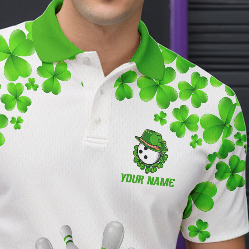Green and White Shamrock pattern Bowling Shirts For Men Custom St Patrick Day Bowling Team Jerseys NQS9496