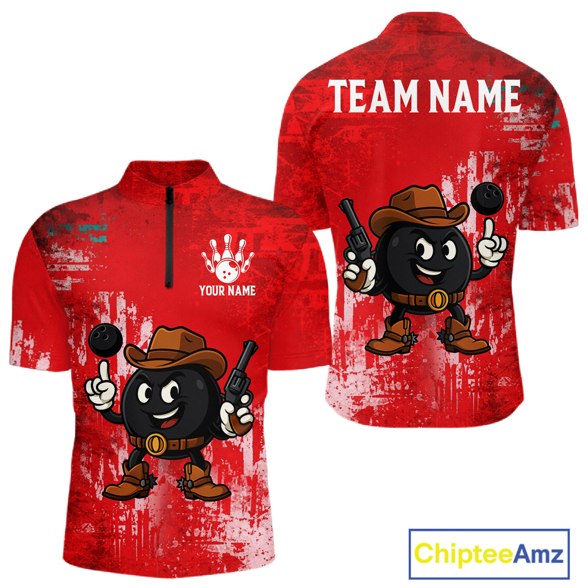 Custom Funny Cowboy Gunster Bowling Polo, 1/4 zip Shirts For Men, Bowling Team League Jerseys | Red NQS11625