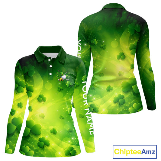 Green clover pattern St Patrick's Day Womens Golf Polo Shirts Custom Shamrock Golf outfit For Ladies NQS11628