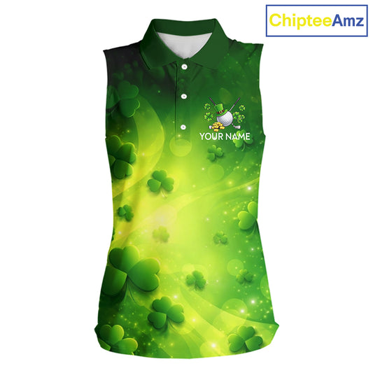 Green clover pattern St Patrick's Day Ladies Sleeveless Golf Polo Shirts Custom Shamrock Golf outfit NQS11628
