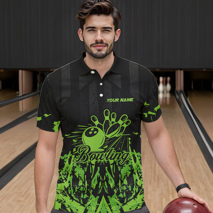 Black and Green Camo Bowling Team Shirts For Men Custom Bowling Uniform Polo, Quarter Zip Shirts NQS9665