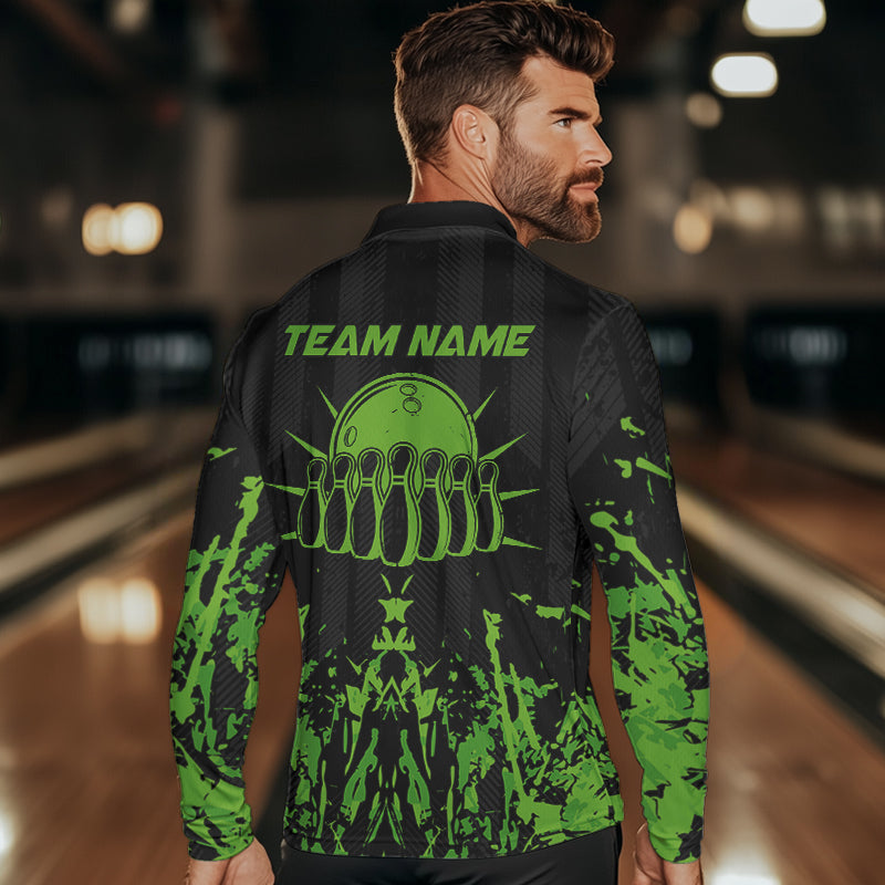 Black and Green Camo Bowling Team Shirts For Men Custom Bowling Uniform Polo, Quarter Zip Shirts NQS9665