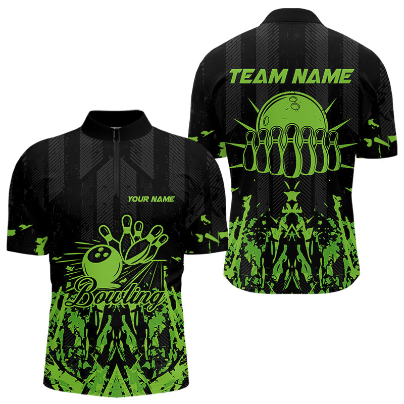 Black and Green Camo Bowling Team Shirts For Men Custom Bowling Uniform Polo, Quarter Zip Shirts NQS9665