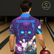 Load image into Gallery viewer, Purple and Blue Lightning Thunder Storm Skull Bowling Button-up Shirt Custom Bowling Team Jerseys NQS11729