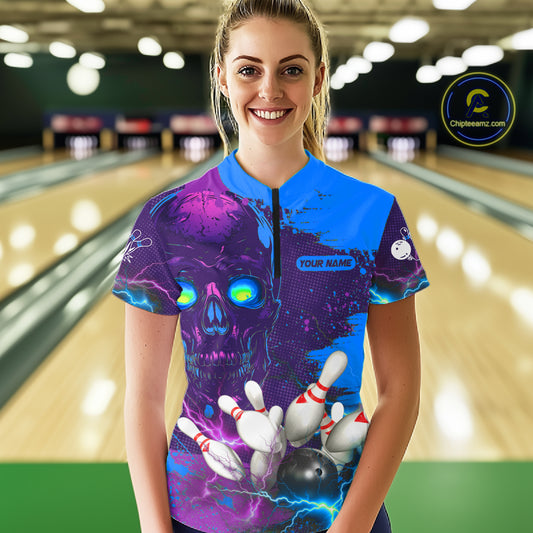 Purple and Blue Lightning Thunder Storm Skull Bowling Shirts For Women Custom Bowling Team Jerseys NQS11729