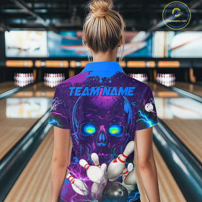 Purple and Blue Lightning Thunder Storm Skull Bowling Shirts For Women Custom Bowling Team Jerseys NQS11729