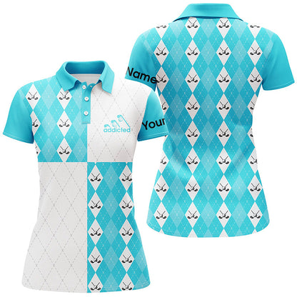 Golf addicted Womens golf polo shirts custom Cyan blue and white golf ball clubs argyle plaid pattern NQS7447
