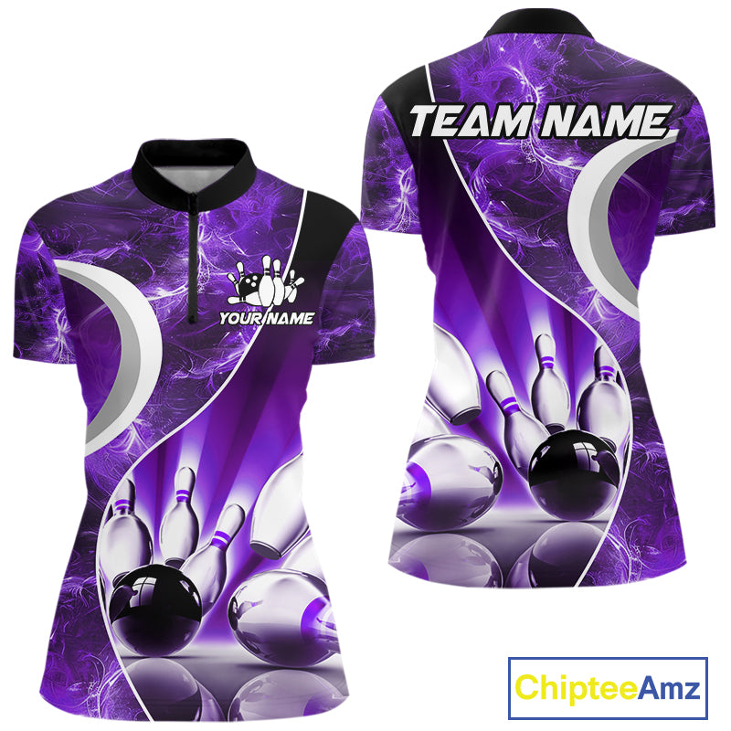 Purple Light pattern Bowling Polo, Quarter Zip shirts for Women Custom Bowling Team League Jerseys NQS9948
