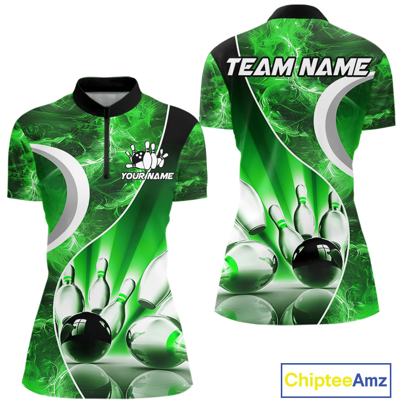 Green Light pattern Bowling Polo, Quarter Zip shirts for Women Custom Bowling Team League Jerseys NQS9949