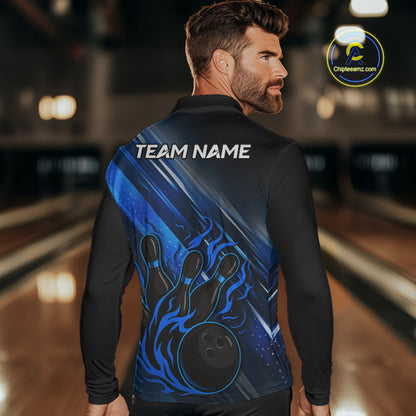 Black and Blue Flame Bowling Polo, Quarter Zip Shirt For Men Custom Team Mens Bowling Jerseys NQS10099