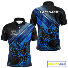Load image into Gallery viewer, Black and Blue Flame Bowling Polo, Quarter Zip Shirt For Men Custom Team Mens Bowling Jerseys NQS10099