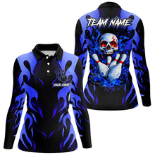 Load image into Gallery viewer, Black and Blue Flame Skull customize bowling shirts for women Team bowling jerseys gift for bowlers NQS8219