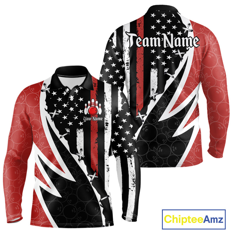 Red, White and Black American Flag Bowling Shirts for Men Custom Patriotic Team Bowling Jersey NQS10429