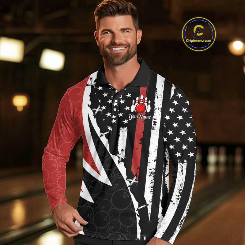 Red, White and Black American Flag Bowling Shirts for Men Custom Patriotic Team Bowling Jersey NQS10429