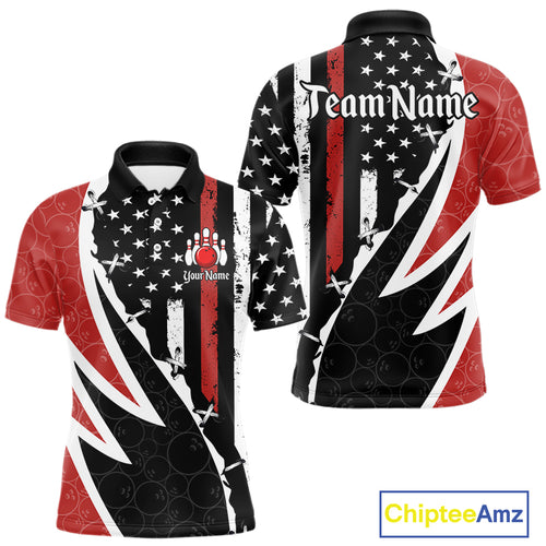Red, White and Black American Flag Bowling Shirts for Men Custom Patriotic Team Bowling Jersey NQS10429