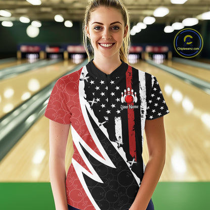 Red, White and Black American Flag Bowling Shirts for Women Custom Patriotic Team Bowling Jersey NQS10429