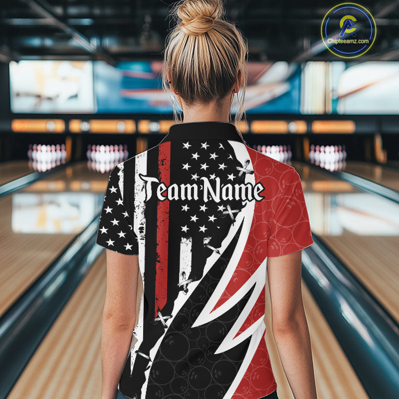 Red, White and Black American Flag Bowling Shirts for Women Custom Patriotic Team Bowling Jersey NQS10429