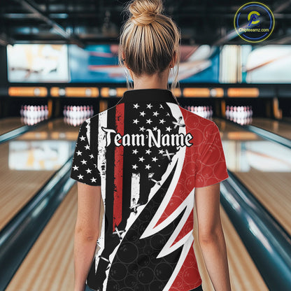 Red, White and Black American Flag Bowling Shirts for Women Custom Patriotic Team Bowling Jersey NQS10429