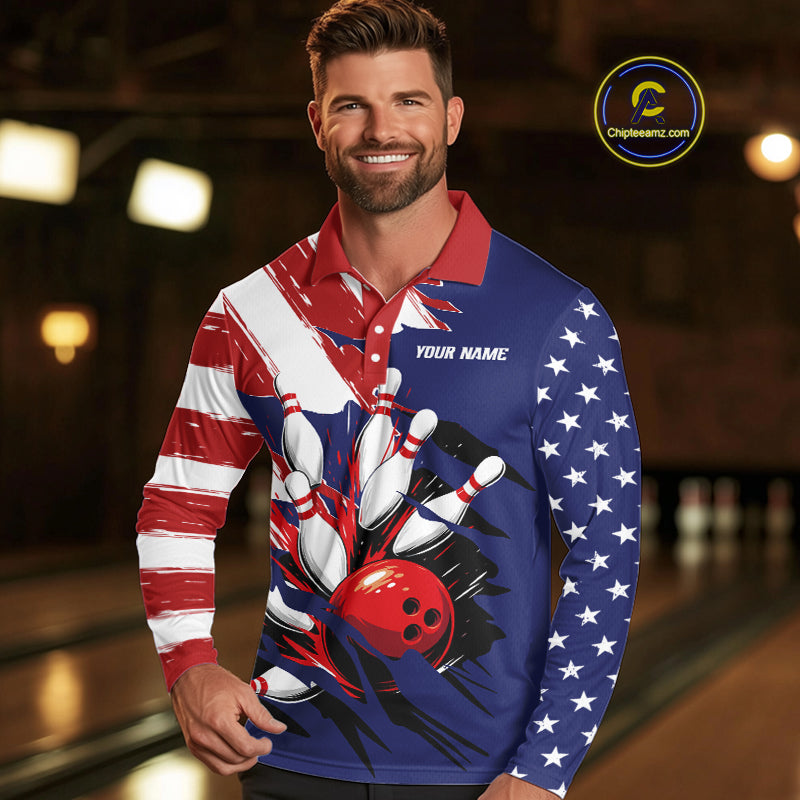 Red, White and Blue American flag Bowling Shirts for Men Custom Patriotic Bowling Team Outfit Uniform NQS10431