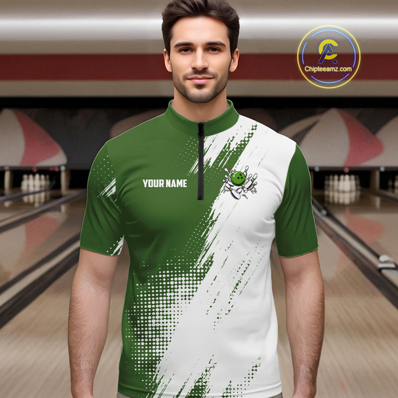 Custom Green and White Strike Bowling Shirts Men Polo, Quarter Zip Bowling Team Jersey Bowling League NQS11037