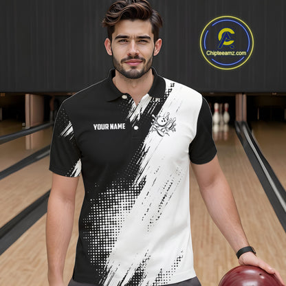 Custom Black and White Strike Bowling Shirts Men Polo, Quarter Zip Bowling Team Jersey Bowling League NQS11038