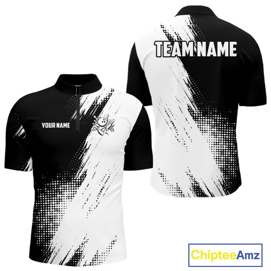 Custom Black and White Strike Bowling Shirts Men Polo, Quarter Zip Bowling Team Jersey Bowling League NQS11038