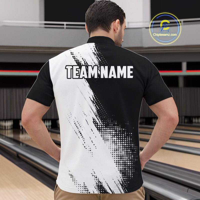 Custom Black and White Strike Bowling Shirts Men Polo, Quarter Zip Bowling Team Jersey Bowling League NQS11038