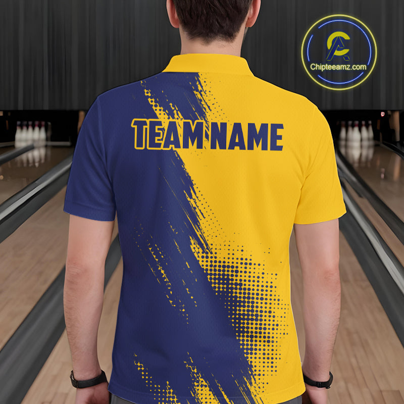 Custom Blue and Yellow Strike Bowling Shirts Men Polo, Quarter Zip Bowling Team Jersey Bowling League NQS11039