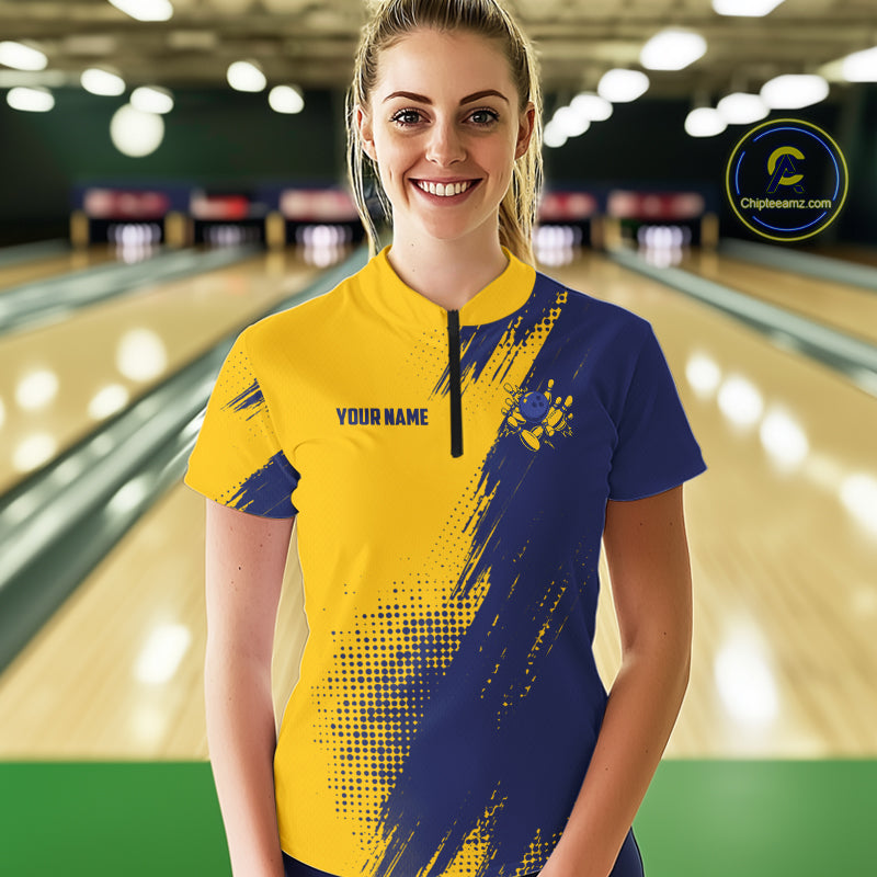 Custom Blue and Yellow Strike Bowling Shirts Women Polo, 1/4 Zip Bowling Team Jerseys Bowling League NQS11039