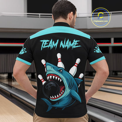 Funny Cyan Blue Shark Men Bowling Polo, Quarter Zip Shirts Custom Team Shark Bowling Outfit Jersey NQS11042