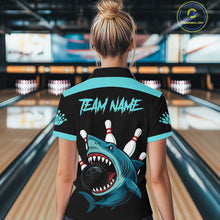 Load image into Gallery viewer, Funny Cyan Blue Shark Women Bowling Polo, Quarter Zip Shirts Custom Team Shark Bowling Outfit Jersey NQS11042