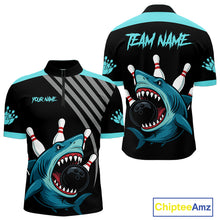 Load image into Gallery viewer, Funny Cyan Blue Shark Men Bowling Polo, Quarter Zip Shirts Custom Team Shark Bowling Outfit Jersey NQS11042