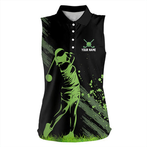 Black and Green Womens Sleeveless Polo Shirt custom golf shirt for ladies, personalized golf gift NQS9157