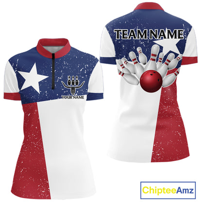 Grunge Texas Flag Bowling Polo, 1/4 Zip Shirts For Women Custom patriotic Texas Team Bowling Jerseys NQS11239