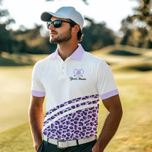 Load image into Gallery viewer, Purple leopard white Mens golf polo shirts custom name golf tops for mens, unique golf gifts NQS9362