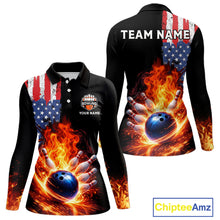 Load image into Gallery viewer, American Flag Flame bowling polo, quarter zip shirts for Women Custom patriotic team bowling jerseys NQS11432