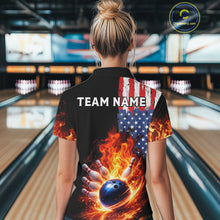 Load image into Gallery viewer, American Flag Flame bowling polo, quarter zip shirts for Women Custom patriotic team bowling jerseys NQS11432