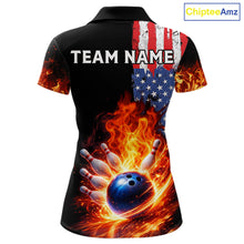 Load image into Gallery viewer, American Flag Flame bowling polo, quarter zip shirts for Women Custom patriotic team bowling jerseys NQS11432