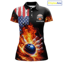 Load image into Gallery viewer, American Flag Flame bowling polo, quarter zip shirts for Women Custom patriotic team bowling jerseys NQS11432