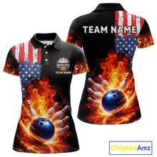 Load image into Gallery viewer, American Flag Flame bowling polo, quarter zip shirts for Women Custom patriotic team bowling jerseys NQS11432